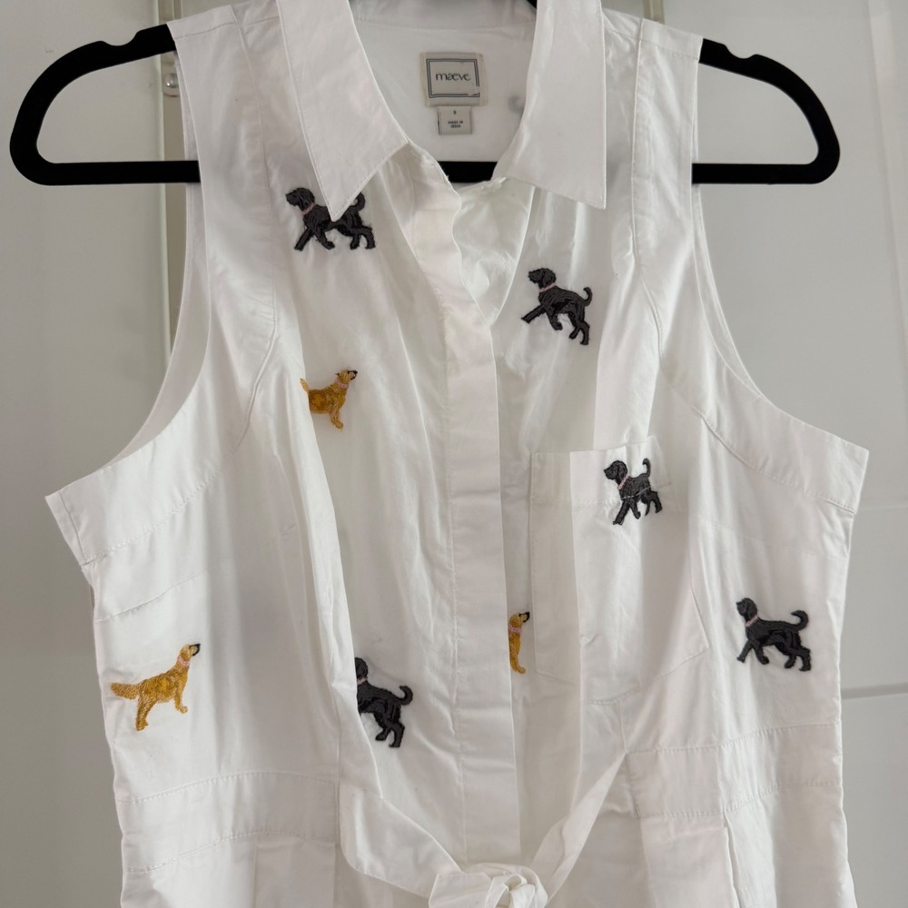 Maeve Anthropologie Sleeveless Mini Shirt Dress White Embroidered Dogs Puppy S - Picture 2 of 7